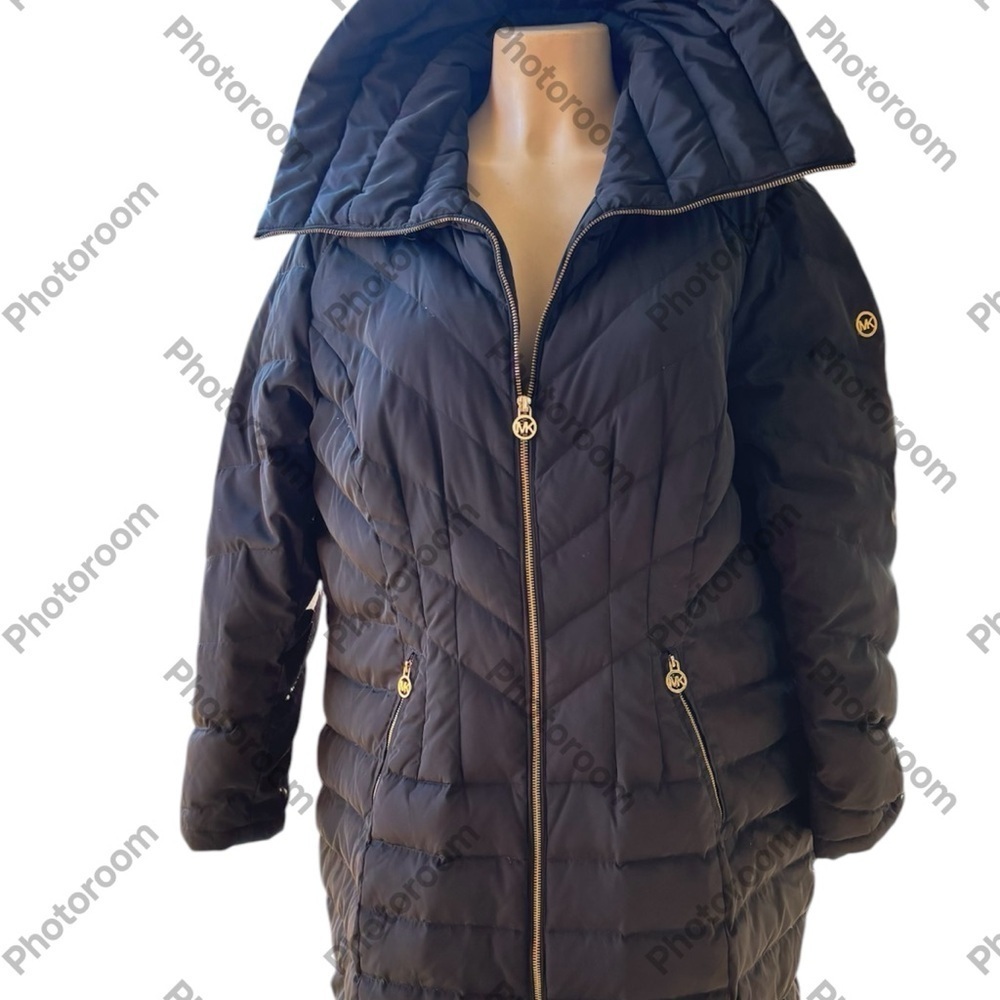Michael Kors Black Feather Down Puffer Trench Large Collar